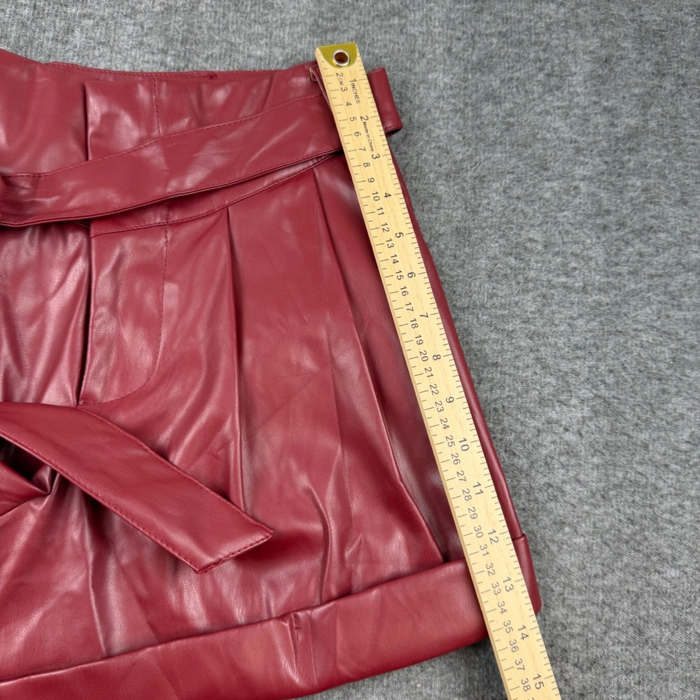 Ces Femme Faux Leather Shorts Women's Small Burgundy High Waist Pleated Tie Belt - Picture 5 of 12